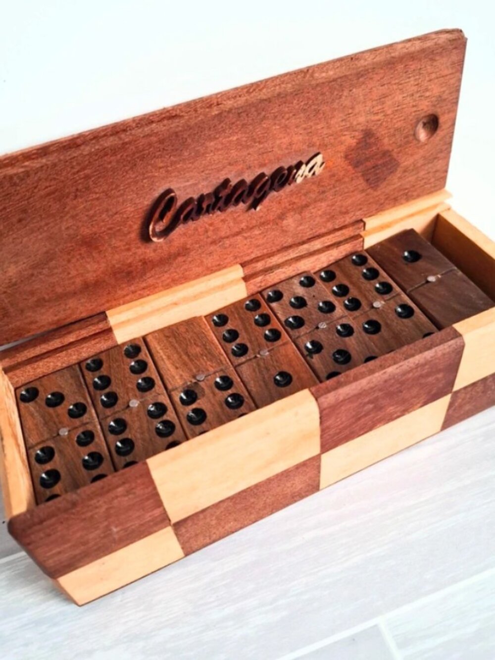 Vintage Handcrafted Wooden Domino Dominoes Two-Tone Wooden Storage Box Sliding